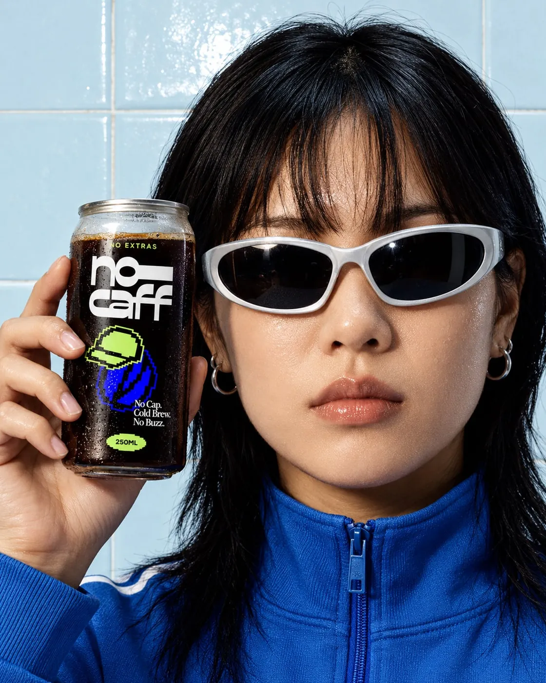 Sunglasses on, can in hand: No Caff Original