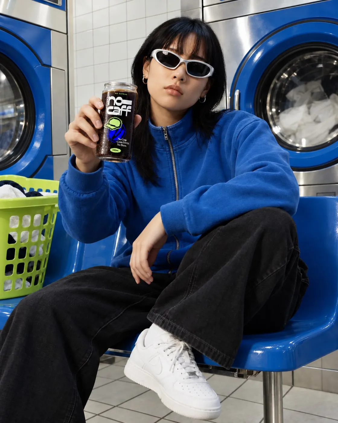 Off duty in a laundromat with a can of No Caff