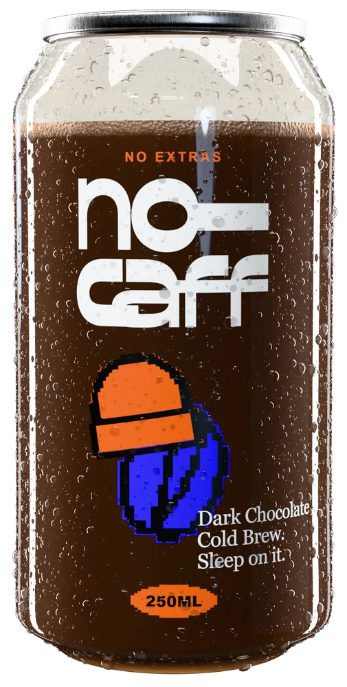 A clear can of No Caff Dark Chocolate decaf cold brew