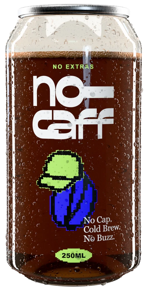 A clear can of No Caff Original decaf cold brew