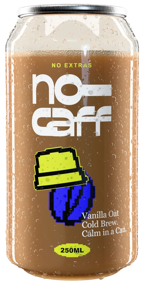 A clear can of No Caff Vanilla Oat decaf cold brew